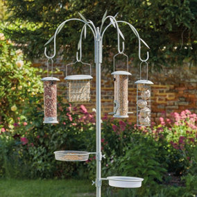 Complete Bird Feeding Station - Metal Outdoor Garden Wild Bird Seed, Nut, Suet Ball Feeder - H240 x W56 x D56cm, Sage Green