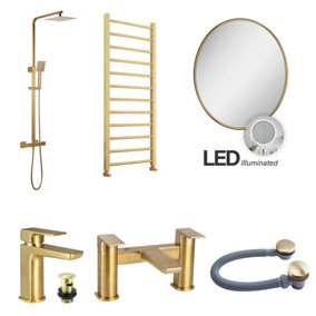 Complete Brushed Brass Bathroom Pack Shower Basin & Bath Filler Towel Rail Illuminated LED Mirror