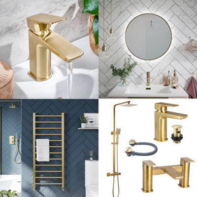 Complete Brushed Brass Bathroom Pack Shower Basin & Bath Filler Towel Rail Illuminated LED Mirror