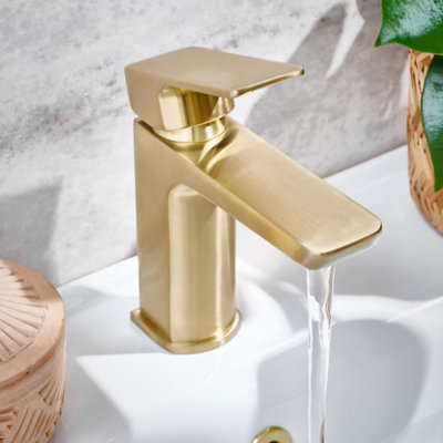 Complete Brushed Brass Bathroom Pack Shower Basin & Bath Filler Towel Rail Illuminated LED Mirror - 6