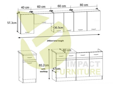 7 kitchen units set, white gloss complete kitchen units Junona 240cm