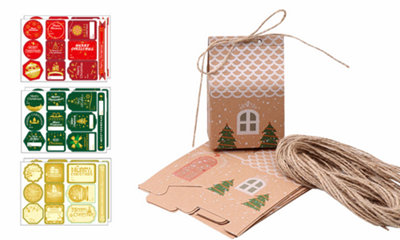 Complete Pack of 10 Kraft Christmas Gift Boxes with Strings and Stickers