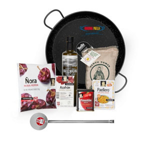 Complete Paella Starter Set with 36cm Enamelled Paella Pan, Olive Oil, Spoon, Paprika, Paella Spices, Saffron and Rice