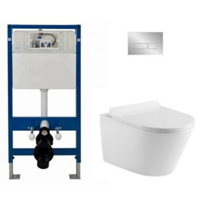 Complete Round Wall Hung Toilet Set, Includes Frame, Soft Close Seat & Chrome Flush Button