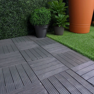 Composite Decking Tiles Pack of 10 for 0.9 sqm - Anti-slip Rubber Boards 30x30cm - for Garden Patio, Light Grey Balcony flooring