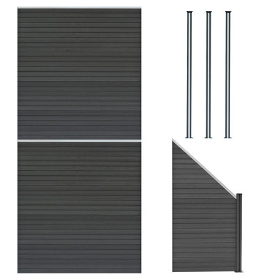 Composite Fence Panels Kit x 2, Angled Piece & Posts x 3 Set - Grey
