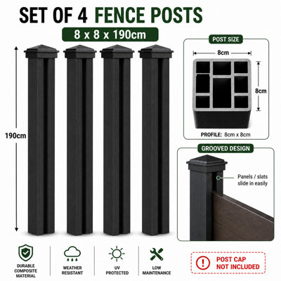 Composite Fence Post 190cm Pack of 4 Black 3 Way Slotted for 20mm ...