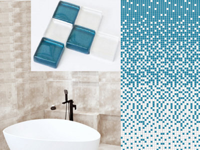 Composition of 8 glass mosaic plates for bathroom or kitchen indoors 300mm x 300mm - Azzurro Fog