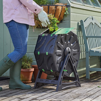 Compost Tumbler - Plastic Outdoor Garden Composting Tool with Manual Rotating Action - Measures H72 x W54 x D29cm, 77L Capacity