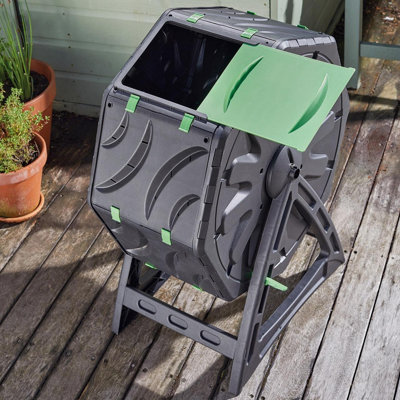 Compost Tumbler - Plastic Outdoor Garden Composting Tool with Manual Rotating Action - Measures H72 x W54 x D29cm, 77L Capacity