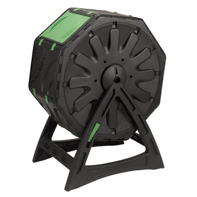 Compost Tumbler - Plastic Outdoor Garden Composting Tool with Manual Rotating Action - Measures H72 x W54 x D29cm, 77L Capacity