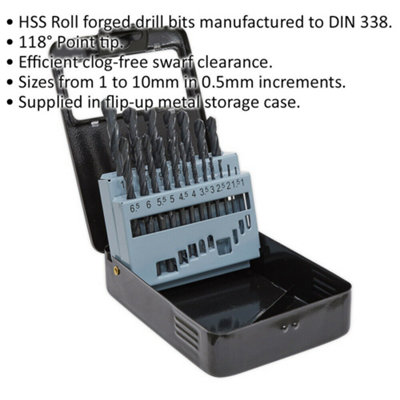 Comprehensive 19 Piece HSS Drill Bit Set - 1mm to 10mm with 118 Degree ...