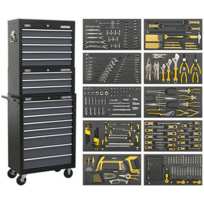 Comprehensive 420 Piece Tool Kit with 16 Drawer Black and Grey Tool Chest Bundle