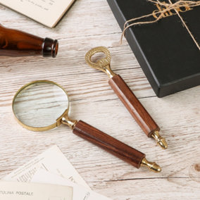 Compton Wood and Brass Magnifying Glass and Bottle Opener Gift for Father's Day