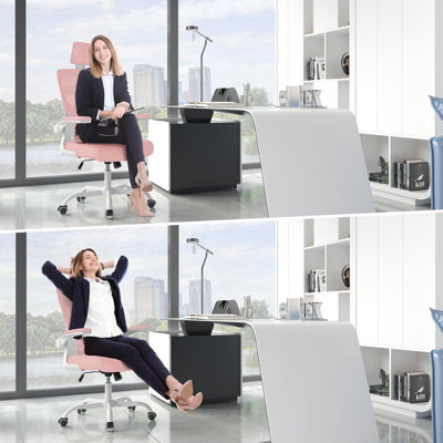 Computer Chair with Adjustable Lumbar Support and Headrest, Swivel Executive Mesh Office Chair for Home Office-Pink