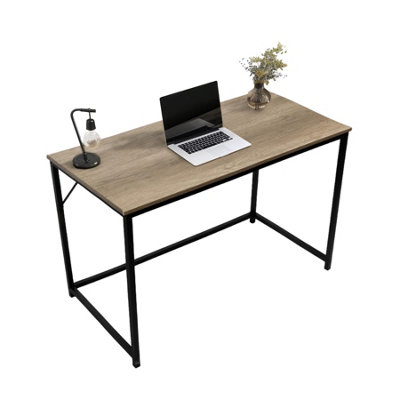 Computer Desk Rustic Grey Top with Large Black Metal Frame for Home Office or Bedroom Desk