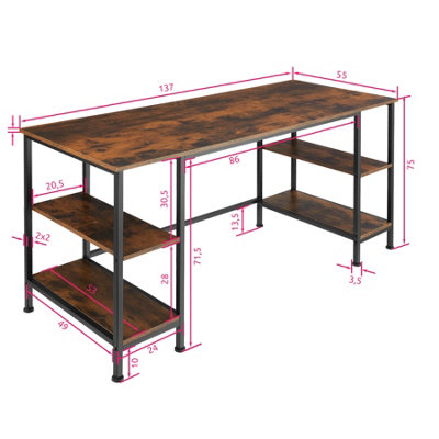 Computer Desk Stoke w/built in shelves (137x55x75cm) - Industrial wood dark, rustic