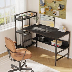Computer Desk with 4-Tier Storage Shelves, 136cm x 60cm Black Wood