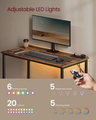 Computer Desk with LED Lights and Built-In Power Outlets, Gaming Desk ...