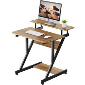 Computer Desk with Monitor Shelf Mobile Z Shaped for Home Office Desk Walnut