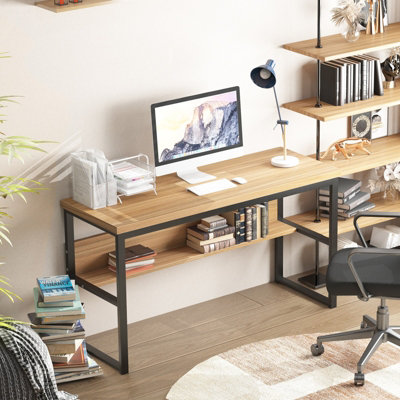 Computer Desk Wooden Metal Study Table Home Office Workstation With Book Shelf Oak