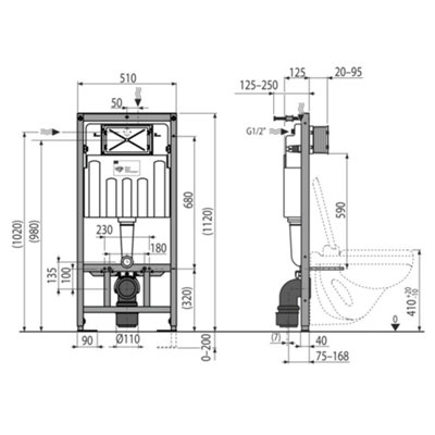 Concealed 1.12m Wall Hung Toilet Cistern Frame Adjustable WC Unit & Chrome Square Flush Plate - 4