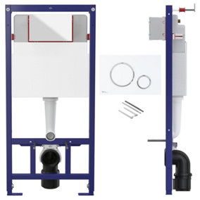 Concealed 1.12m Wall Hung Toilet Cistern Frame Adjustable WC Unit & Gloss White, Chrome Trim Flush Plate