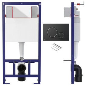 Concealed 1.12m Wall Hung Toilet Cistern Frame Adjustable WC Unit & Matt Black, Chrome Trim Flush Plate