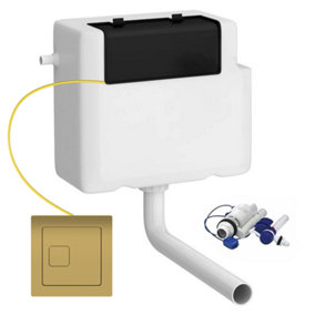 Concealed WC Toilet Cistern with Brushed Brass Dual Flush Cable Button - Left Water Entry
