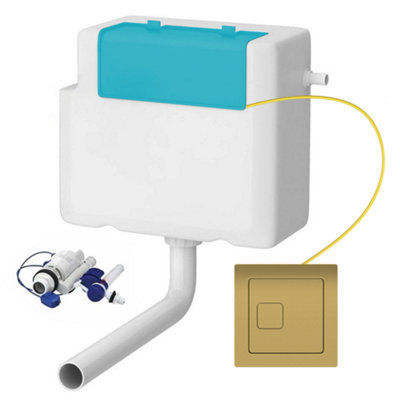 Concealed WC Toilet Cistern with Brushed Brass Dual Flush Cable Button - Right Water Entry