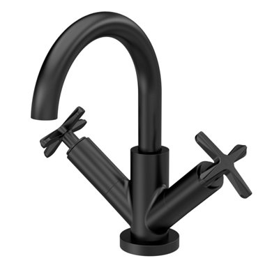 Connect Mono Basin Mixer Tap with Crosshead Handles & Push Button Waste - Matt Black - Balterley