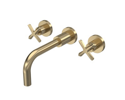 Connect Wall Mount 3 Tap Hole Basin Mixer Tap with Crosshead Handles - Brushed Brass - Balterley