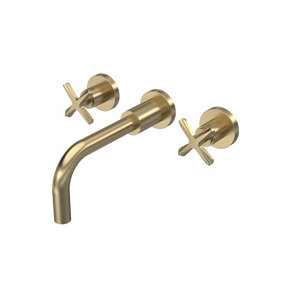 Connect Wall Mount 3 Tap Hole Basin Mixer Tap with Crosshead Handles - Brushed Brass - Balterley
