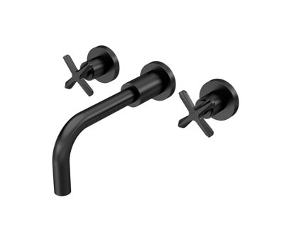 Connect Wall Mount 3 Tap Hole Basin Mixer Tap with Crosshead Handles - Matt Black - Balterley