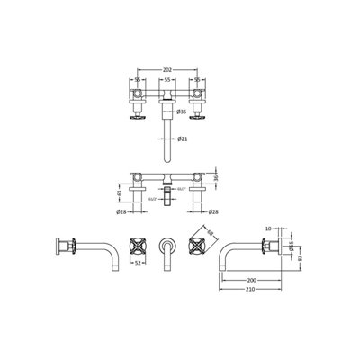 Connect Wall Mount 3 Tap Hole Basin Mixer Tap with Crosshead Handles - Matt Black - Balterley