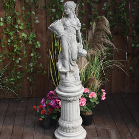 Conservatory Female Statue with Basket on a Fancy Pedestal