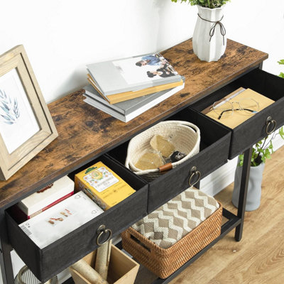 Console Table, Hallway Table, Slim Sofa Table with 3 Non-woven Drawers, Metal Mesh Frame, Sturdy, Narrow Side Table for Small Spac