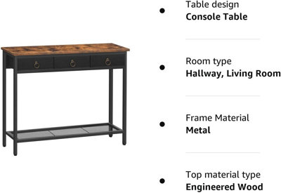 Console Table, Hallway Table, Slim Sofa Table with 3 Non-woven Drawers, Metal Mesh Frame, Sturdy, Narrow Side Table for Small Spac
