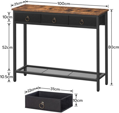 Console Table, Hallway Table, Slim Sofa Table with 3 Non-woven Drawers, Metal Mesh Frame, Sturdy, Narrow Side Table for Small Spac