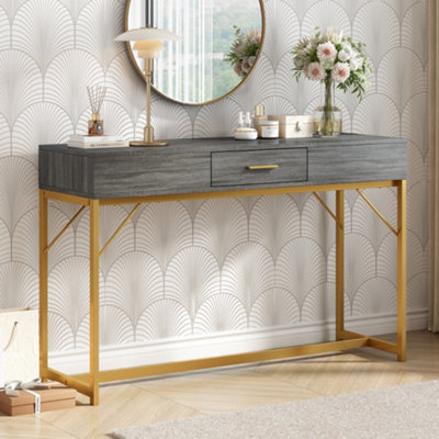 Console table, hallway table with 1 drawer, light luxury style side table, sofa table, 120x38x76 cm, gray/gold