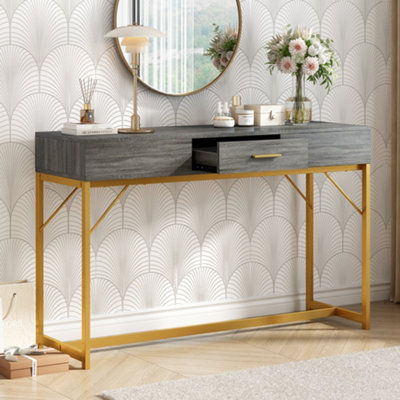 Console table, hallway table with 1 drawer, light luxury style side table, sofa table, 120x38x76 cm, gray/gold