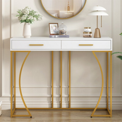 Console Table, Hallway Table with 2 Drawers, Light Luxury Style Side Table, Sofa Table, 120x38x76 cm, White/Gold 