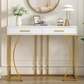 Console Table, Hallway Table with 2 Drawers, Light Luxury Style Side Table, Sofa Table, 120x38x76 cm, White/Gold 