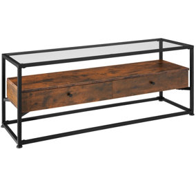 Console Table Maidenhead - tabletop made of safety glass, 2 large drawers - Industrial wood dark, rustic