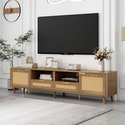 Console Table, Up To 90 Inches TV, TV Cabinet With Real Rattan Design, TV Cabinet With Solid Wooden Feet, Braided Rattan TV Boards