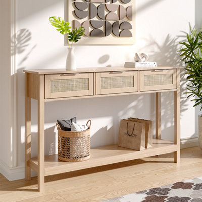 Console Table with 3 Rattan Drawers and Open Storage Shelf