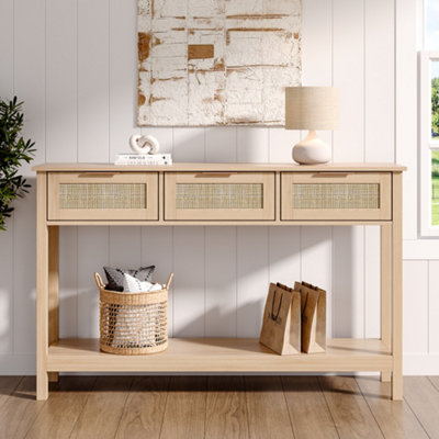Console Table with 3 Rattan Drawers and Open Storage Shelf