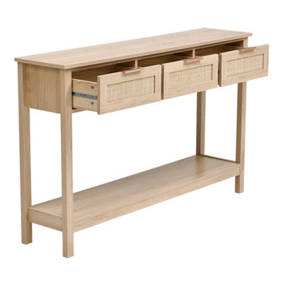 Console Table with 3 Rattan Drawers and Open Storage Shelf