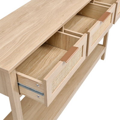 Console Table with 3 Rattan Drawers and Open Storage Shelf