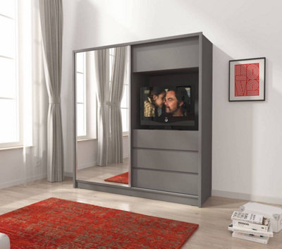 Contemporary 1 Mirrored Sliding Door Wardrobe TV Area 2 Shelves 1 Rail 3 Drawers 1 Cabinet Grey Matt (H)2140mm (W)2040mm (D)600mm